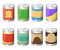 Collection of various tins canned goods food metal container grocery store and product storage aluminum flat label canned conserve