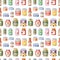 Collection of various tins canned goods food metal container product seamless pattern vector illustration.