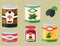 Collection of various tins canned goods food metal and glass container illustration.