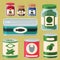 Collection of various tins canned goods food metal and glass container vector illustration.