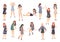 Collection of various young women in different clothes and poses  isolated on white background. Vector illustration with people in
