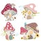 Collection of vector cute mushroom houses in vintage cartoon style