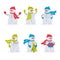 Collection of vector flat colorful snowmen on white background