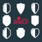 Collection of vector grayscale defense shields, protection design graphic elements. High quality heraldic illustrations on