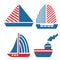 Collection with vector sailboats, yachts and ships. Simple flat illustration. Cartoon style. Classic blue and red. Graphic element