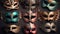 Collection of Venetian masks on dark background, top view.