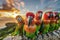 Collection of vibrant parrots in various colors standing closely in a group