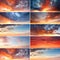 collection of vibrant sunset, sunrise, sky. yellow, orange, blue, red, teal, gradient sky. fantasy sky set. stormy vibrant sunset.