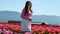 Collection of videos and photos where a girl in a white skirt walks through field with tulips blue background sky