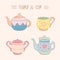 Collection of vintage cute teacup and cup illustration set flat color