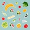 Collection of vitamin C sources - sticker pack. Fresh fruits and vegetables bundle. Healthy food concept