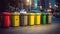 Collection of waste bins full of different types of garbage, recycling, generative ai