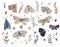 Collection of watercolor cute stylized abstract night moths and botanical elements.