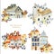 Collection of watercolor european ancient architecture, nordic house with floral elements