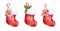 Collection of watercolor hand drawn christmas empty red socks with decoration