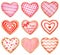 Collection of watercolor heart shaped cookies and candies decorated with glaze on white background for Valentine`s day designs