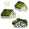 Collection of watercolor norwegian houses with grass roof, nordic houses