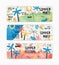 Collection of web banner templates decorated by exotic palm trees, stains, blots and scribble for summer dance party