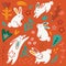 Collection of white rabbits, flowers and leaves in flat cartoon style