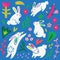 Collection of white rabbits, flowers and leaves in vector