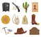 Collection of wild west flat icons. Accessories and objects game or app ui icon. Cowboy hat, sheriff star badge, wanted