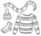 Collection of winter knitted unisex clothes: striped sweater, scarf, hat, socks in black isolated onwhite background. Hand drawn