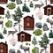 Collection of wooden houses, coniferous trees, reindeers, moose and stones.