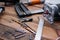 Collection of woodworking tools on a wooden background