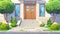 College campus front entrance with wooden doors, stone steps, glass windows, green plants and lawn. Cartoon modern