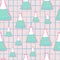College chemical seamless random pattern with blue medicine flask ornament. Light pink chequered background