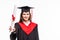 College degree. Happy young women in mortarboard holding diploma and smiling at camera while on white background