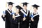 College graduates in graduation gowns standing and smiling