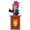 College graduation flat colorful poster with happy girl graduate standing at tribune and showing diploma