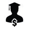 College icon vector male person profile avatar with dollar symbol and mortar board for education in flat color glyph pictogram