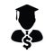 College icon vector male person profile avatar with dollar symbol and mortar board for education in flat color glyph pictogram