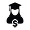 College loan icon vector female person profile avatar with dollar symbol and mortar board for education in flat color