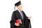 College professor in graduation gown holding book