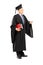 College professor in graduation gown holding books