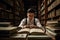 A college student studying in a library, surrounded by books and academic journals.