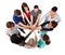 College students standing hands against white background