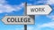 College and work as a choice - pictured as words College, work on road signs to show that when a person makes decision he can