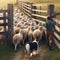 Collie dog helps round up and herd sheep into farm