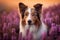 Collie dog sitting in purple heather flower field