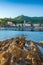 Collioure bay with rocks and beach at morning in France