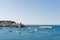 Colliure, France, August 20, 2020: Views of a medieval port with boats on the water