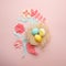 Coloeful easter eggs in nest on pastel color background with origami papercraft flower decoration. Copy space, greeting card