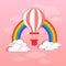 Colofrul Air Balloon Over Pink Sky, Clouds And Rinbow Background