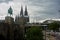 Cologne Cathedral Koelner Dom with horse statue on a cloudy day, Germany