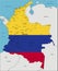 Colombia highly detailed political map with national flag isolated on white background.