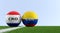 Colombia vs. Croatia Soccer Match - Soccer balls in Colombia and Croatia national colors on a soccer field.
